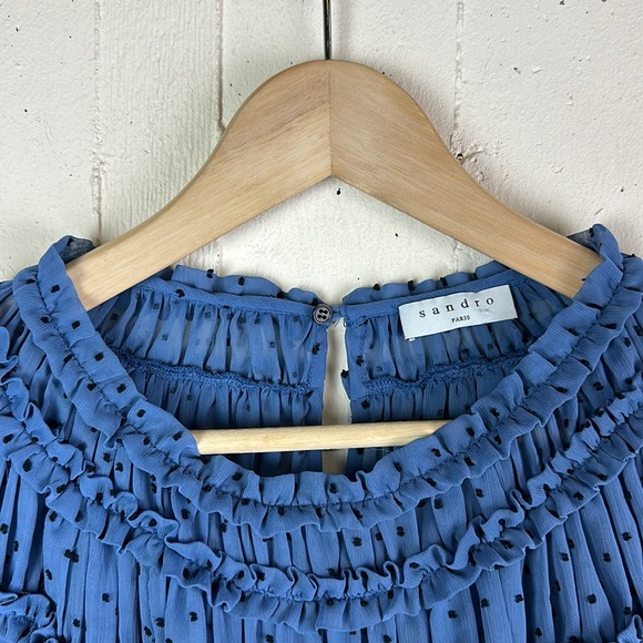 Sandro Paris Swiss Dot Ruffle Smocked Cuff Mini Dress - Picture 3 of 9